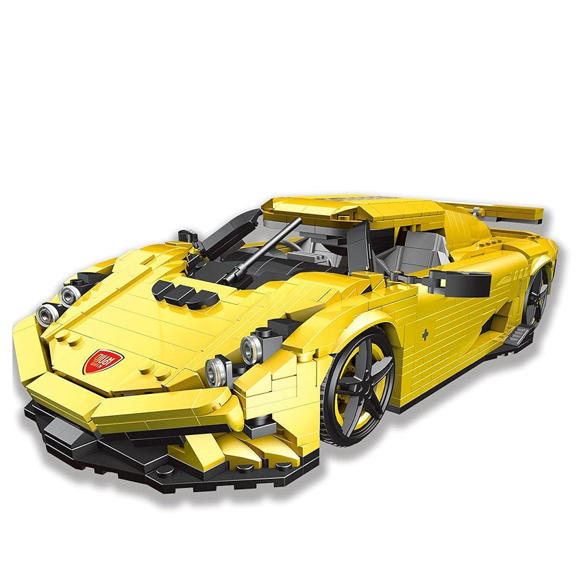 Yellow sports car model made of interlocking bricks on a white background