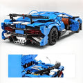 Blue toy car model built from interlocking bricks on a white background