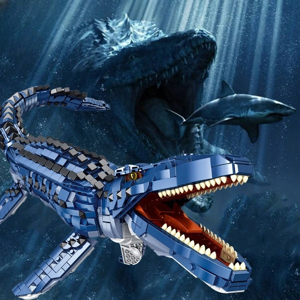 Blue dinosaur-like creature with shark in a dark underwater setting