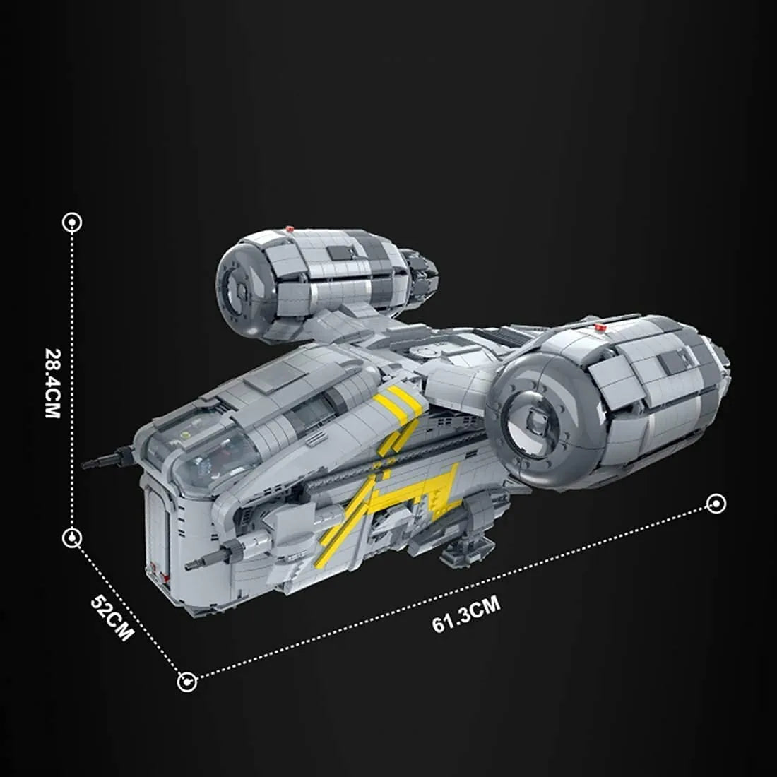 Toy spaceship model with measurement details on a black background