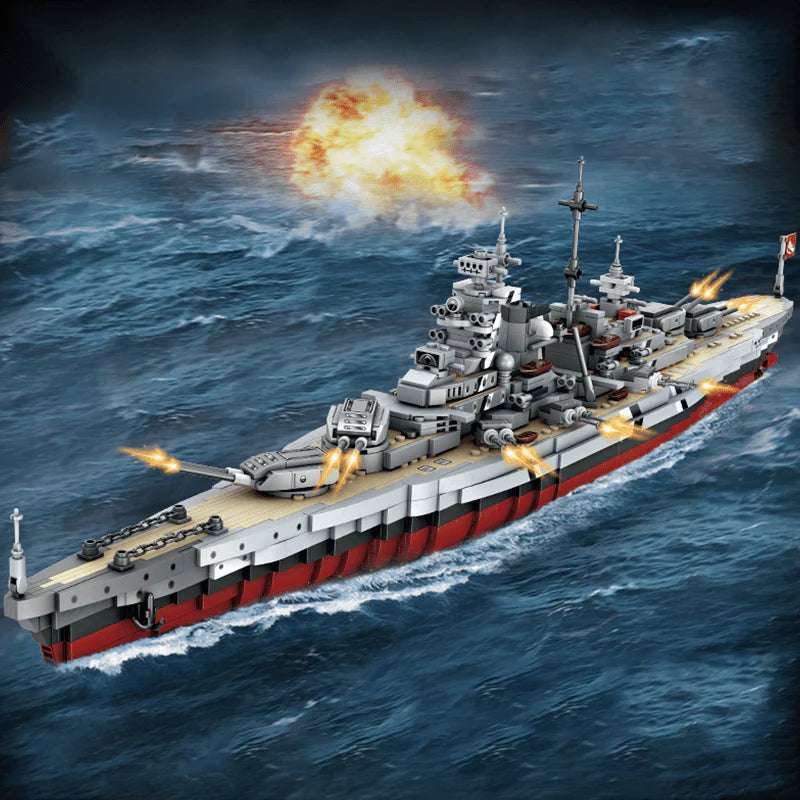 Toy battleship on water with explosions