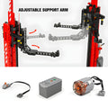 Mechanical arm assembly with adjustable support arm, control button, battery case, and motor on a white background.