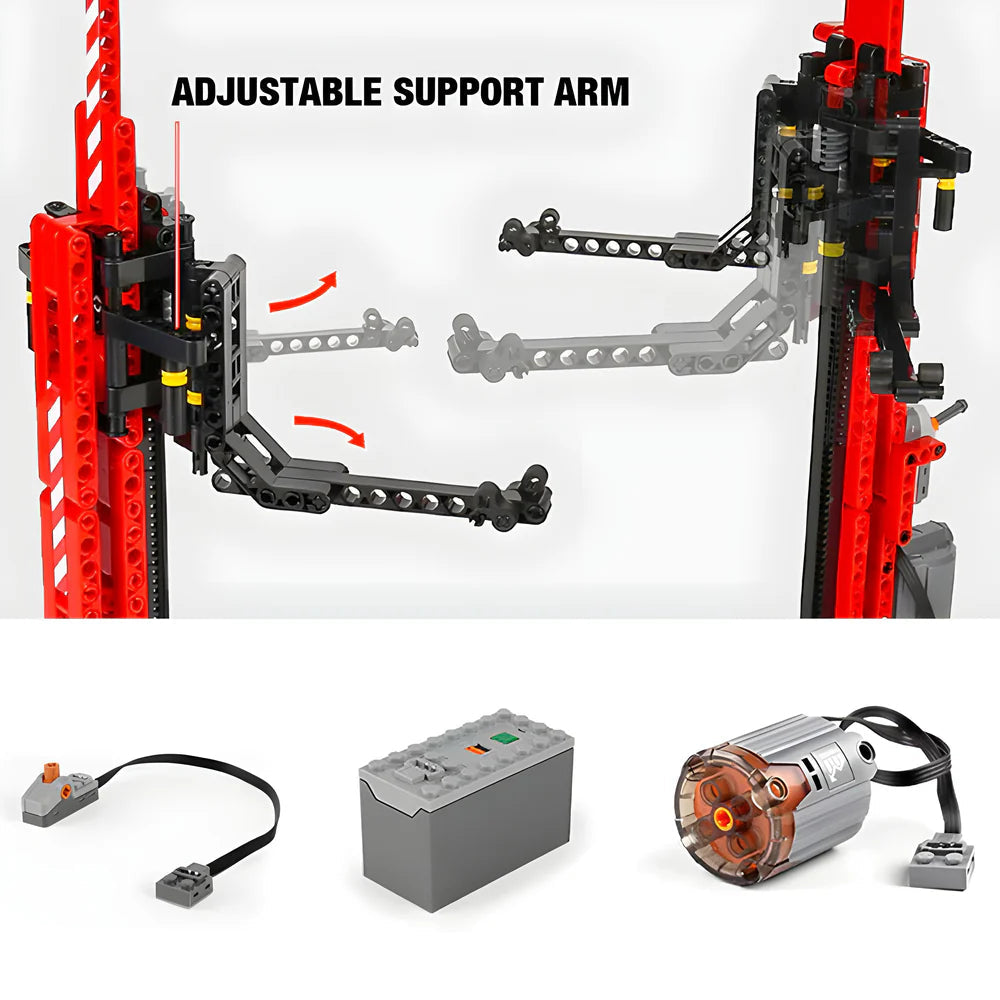 Mechanical arm assembly with adjustable support arm, control button, battery case, and motor on a white background.