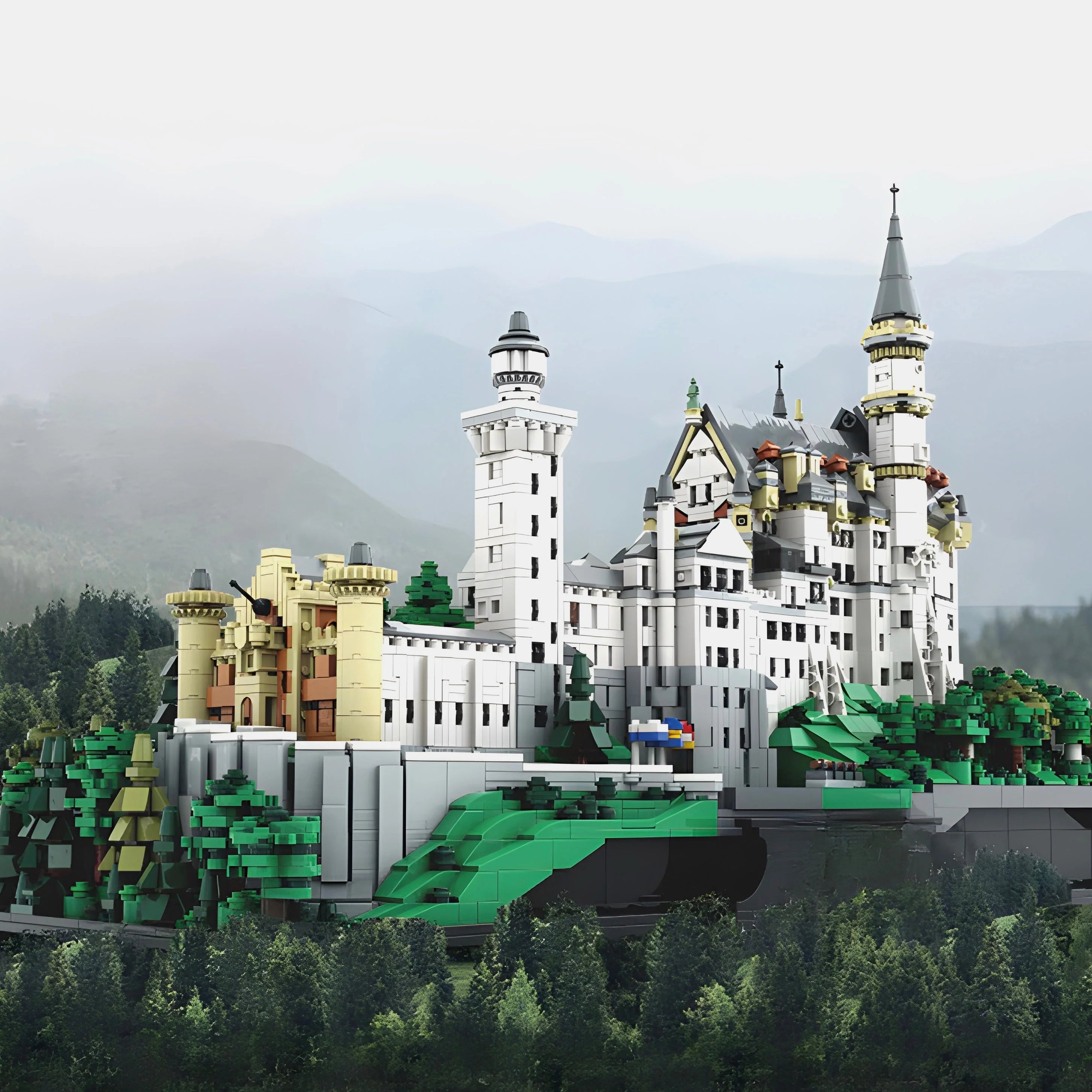 LEGO model of a castle with greenery and water in the foreground