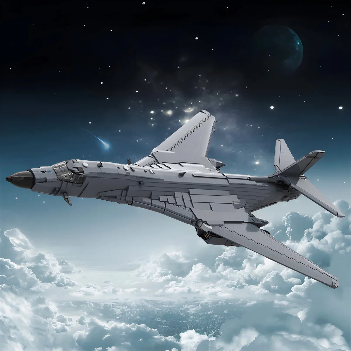 Futuristic airplane flying above clouds with space-themed background