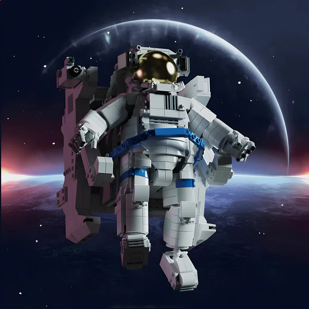 Robotic suit with astronaut helmet against a space backdrop