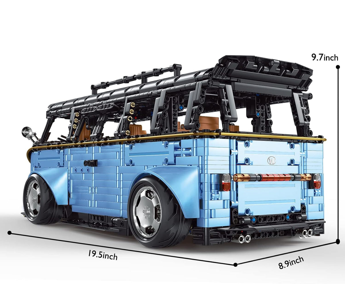 Model of a modern classic vehicle made from building blocks with dimensions displayed.