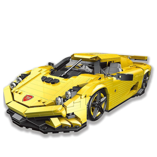 Yellow sports car model made of interlocking bricks on a white background