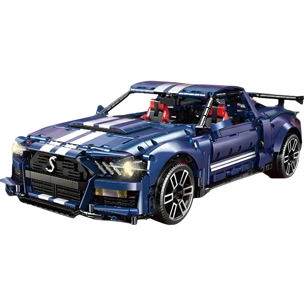 Blue sports car model made of interlocking bricks on a white background