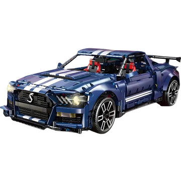 Blue sports car model made of interlocking bricks on a white background