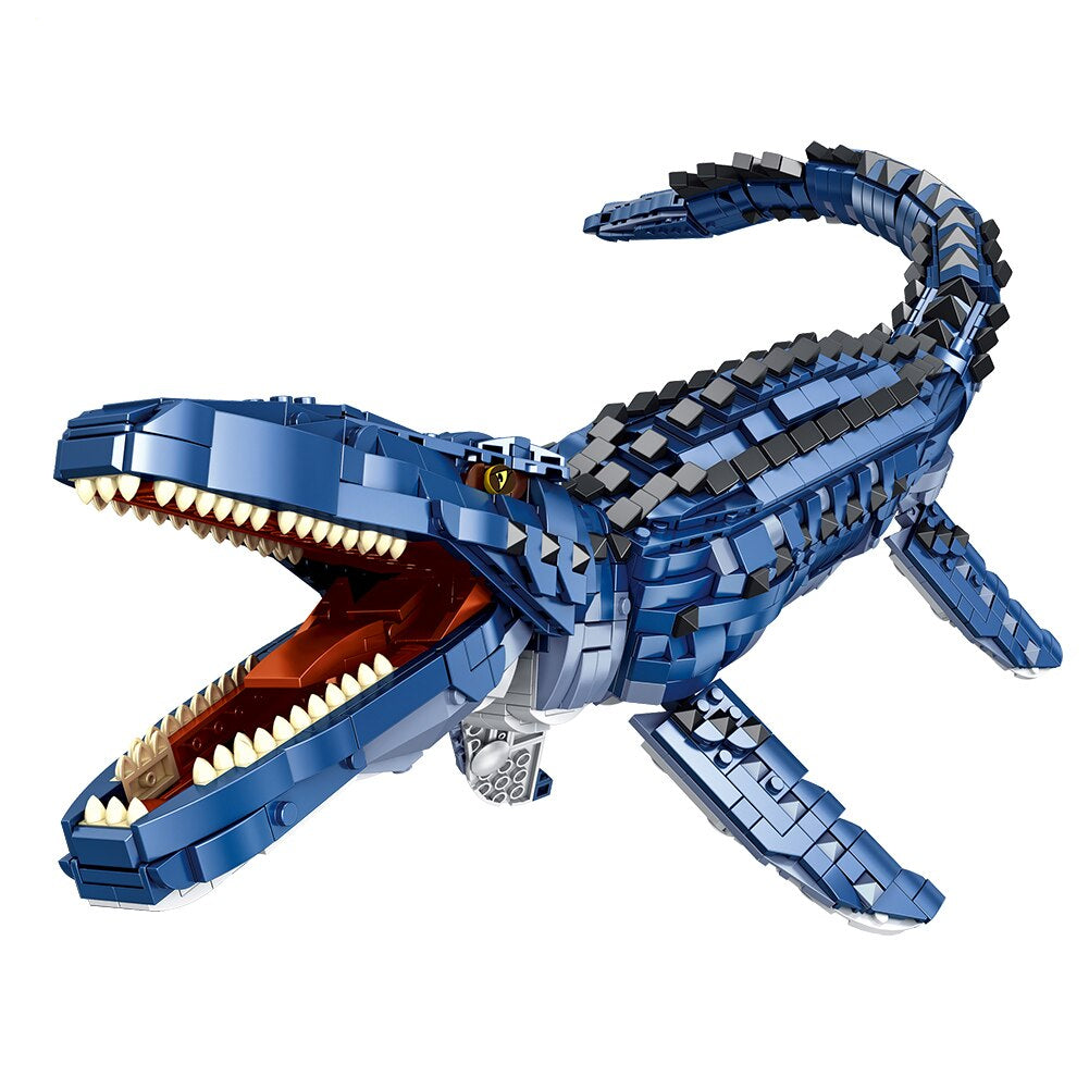 Blue dinosaur model made of interlocking bricks with 'BZD' logo and '1859+ PCS' text.