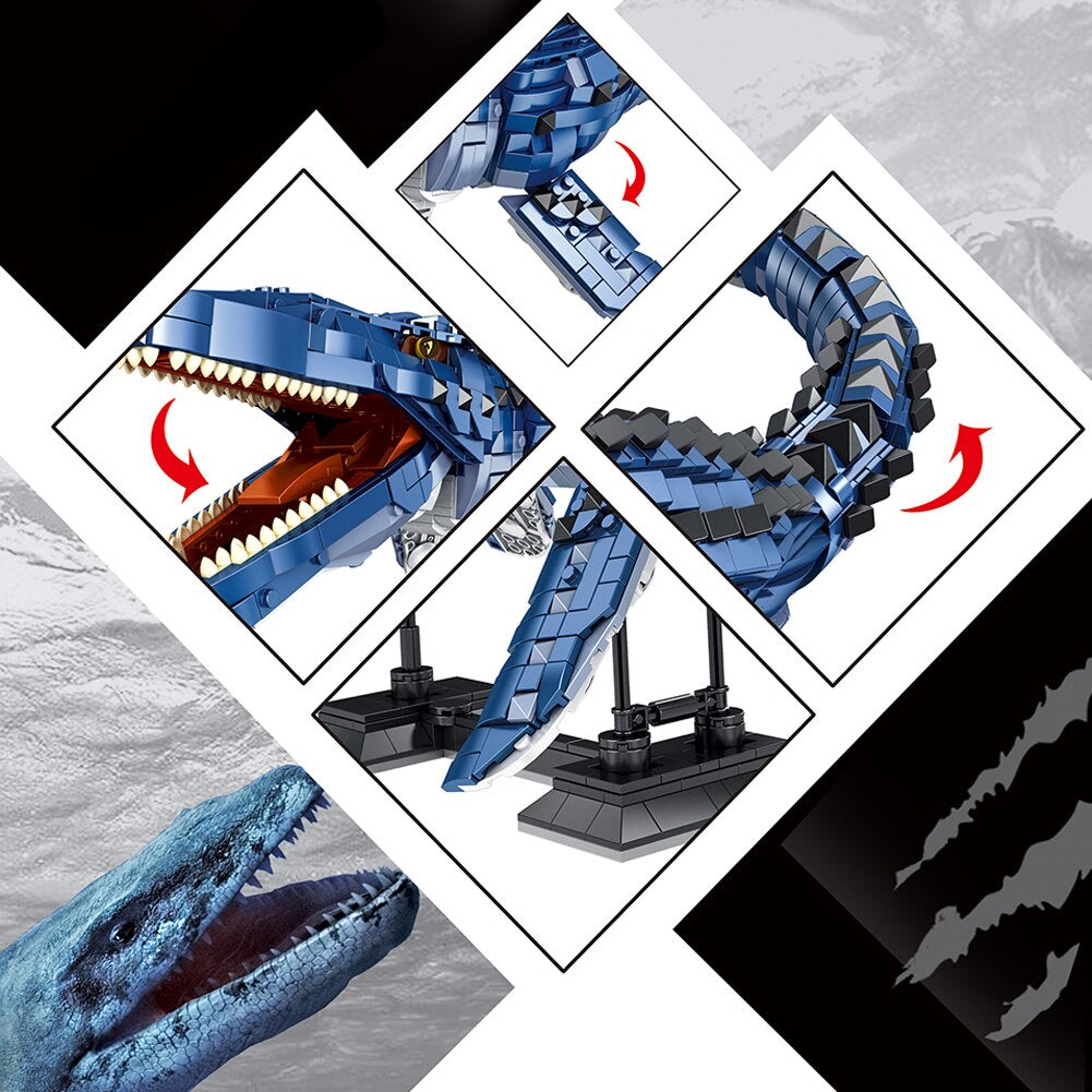 Blue dinosaur model with assembly instructions on a gray background