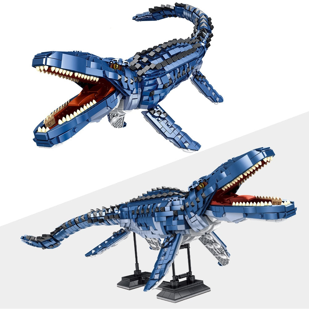 Blue dragon-like creature made of interlocking bricks on a white background