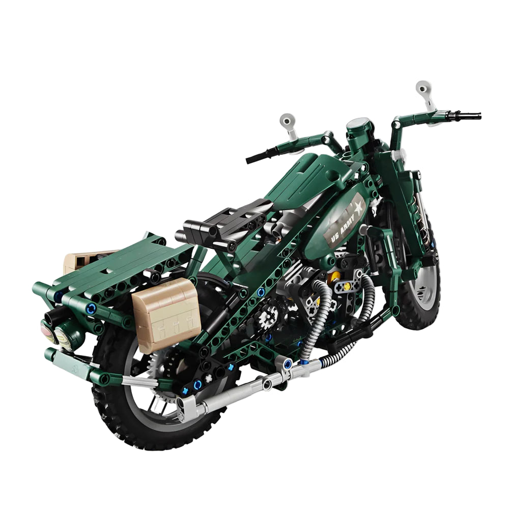 Green motorcycle model made of interlocking bricks on a white background