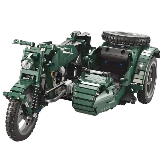 Green toy motorcycle model on a white background