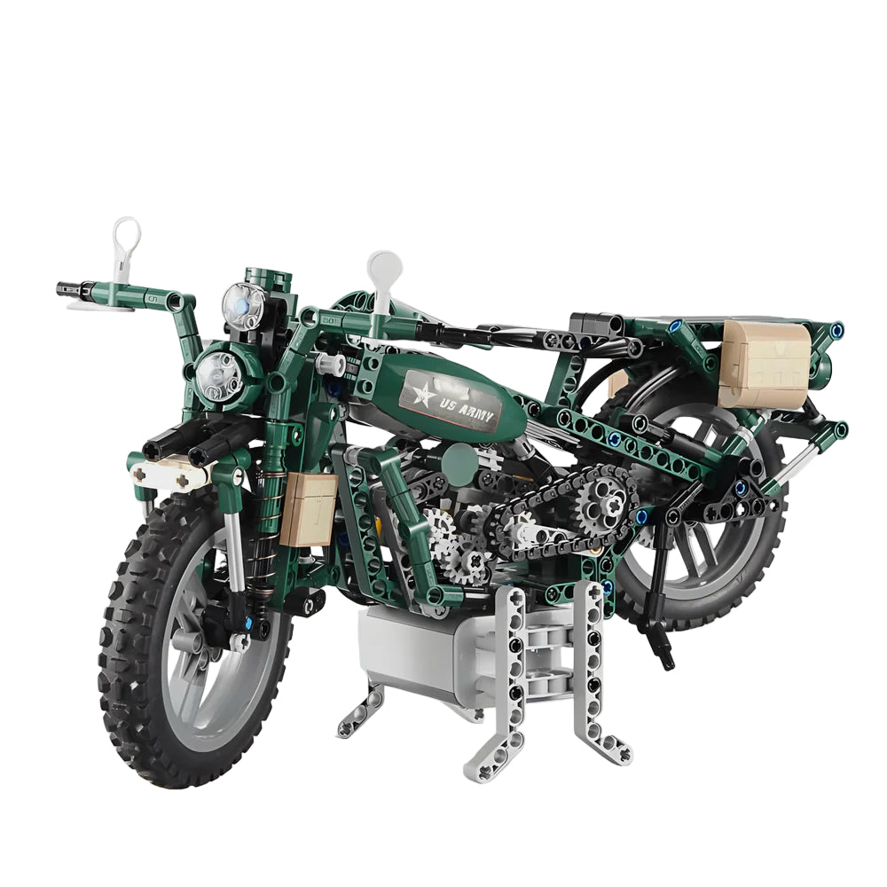 Model motorcycle made of interlocking bricks on a white background