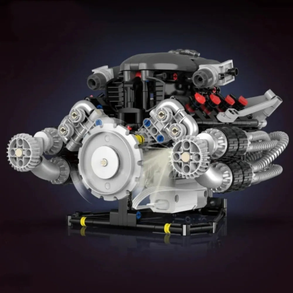 Detailed model of a mechanical engine made from interlocking bricks on a dark background