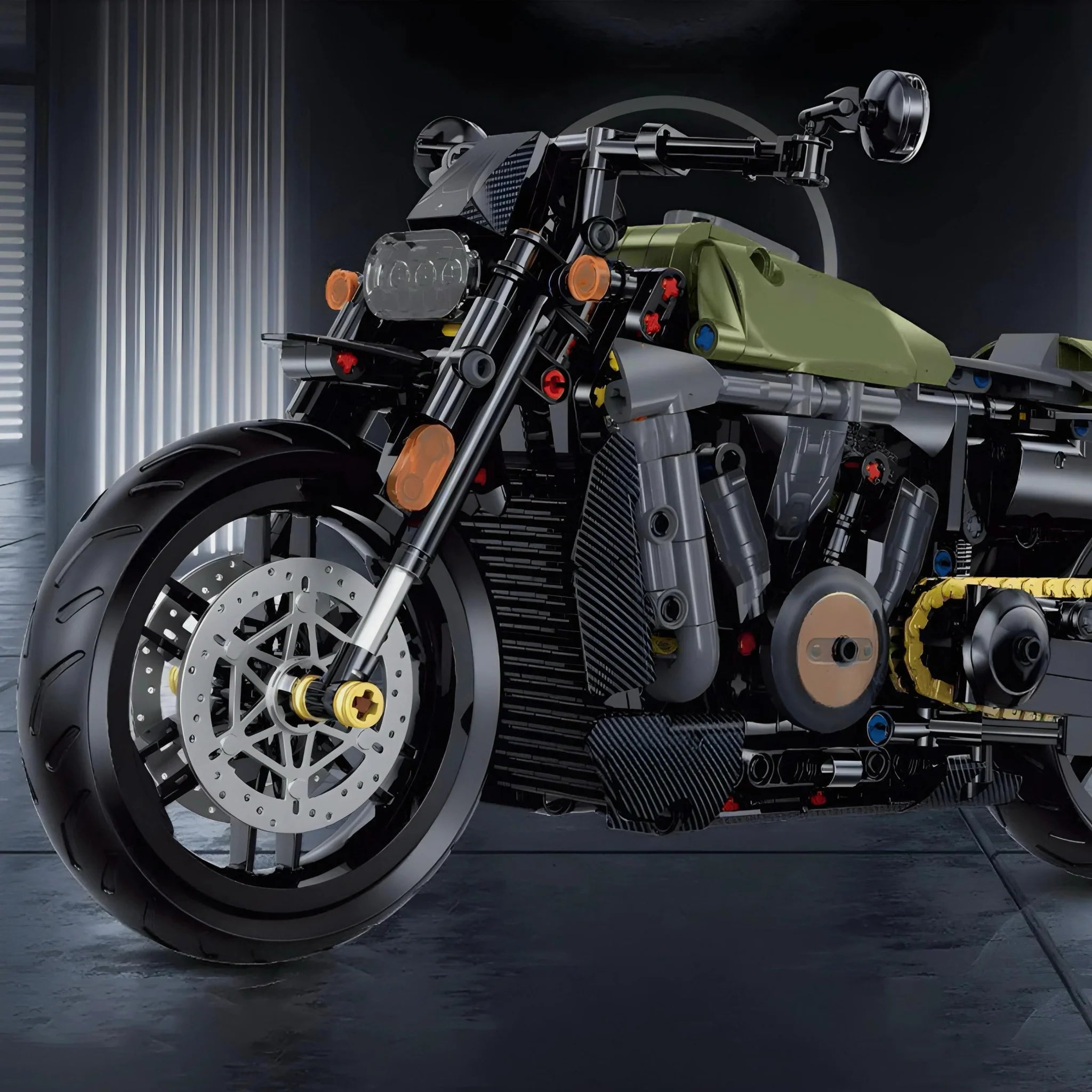 Detailed model of a motorcycle with a dark background