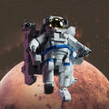 Toy robot on a planet with a starry space background