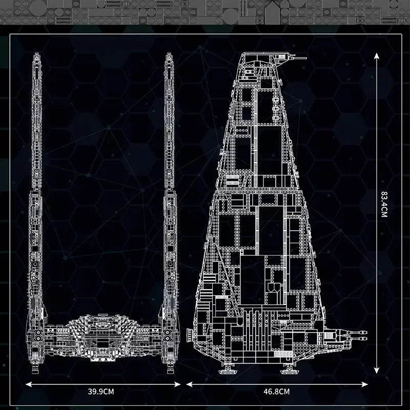 Technical drawing of a mechanical device on a dark grid background