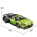 Green toy car model with dimensions and piece count on a white background
