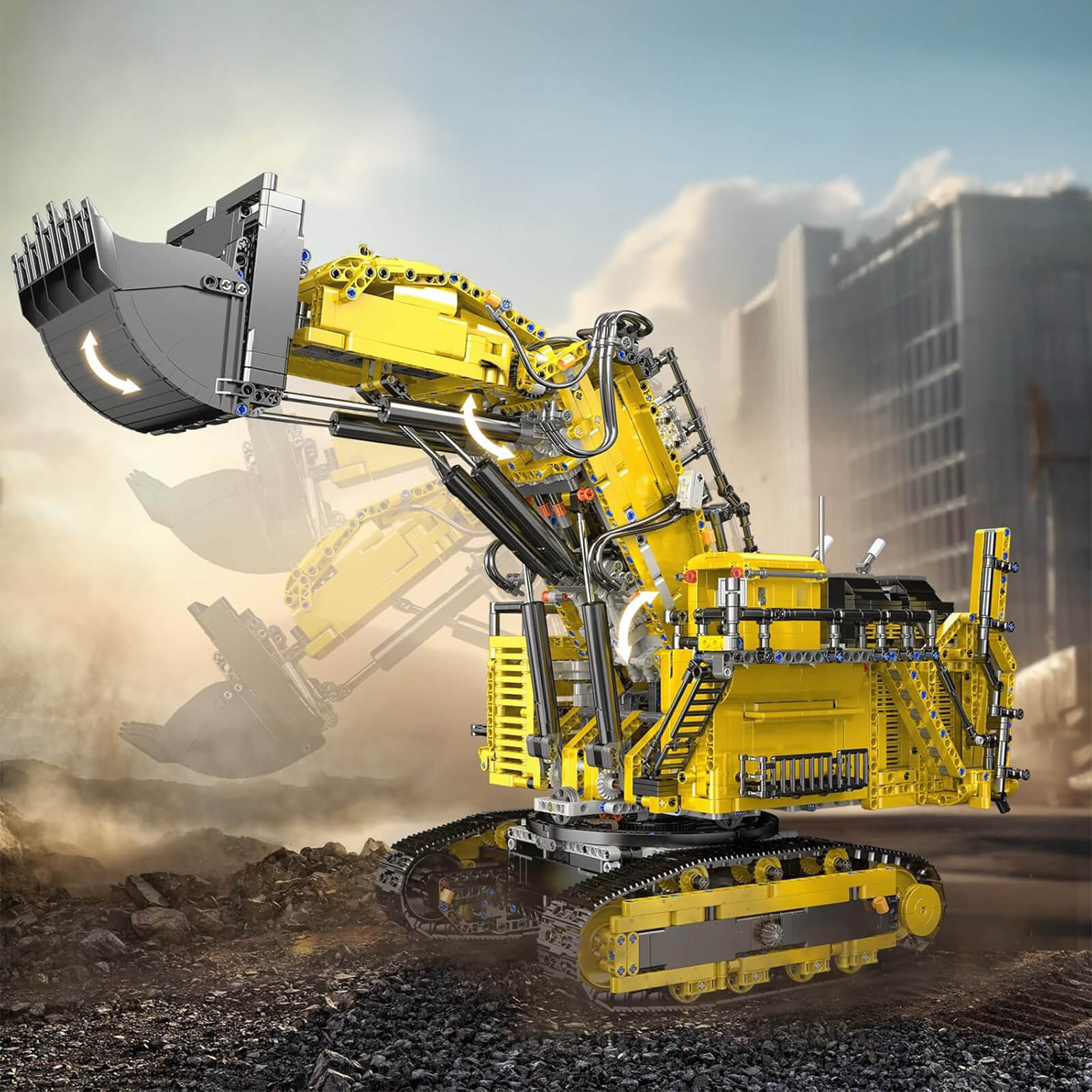 Yellow excavator model on a construction site with buildings in the background